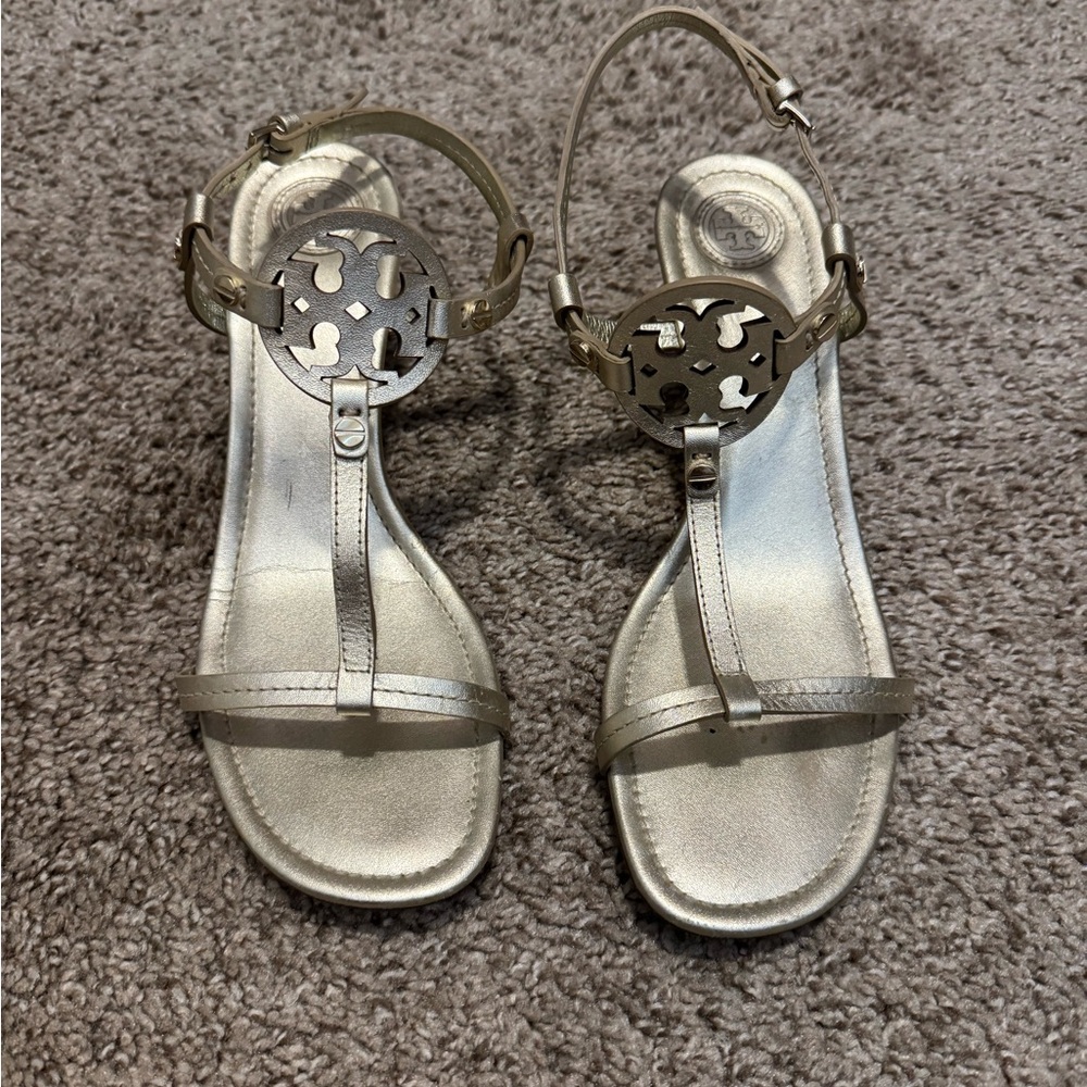Tory Burch Metallic Gold Logo T-Strap Wedge Sandals